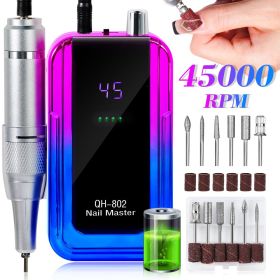 Professional Electric Nail Drill, 45000 RPM Cordless Rechargeable E-File Machine, With 6 Bits, Sanding Bands, LCD Display For Acrylic Gel Nails (Option: Blue)