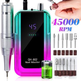 Professional Electric Nail Drill, 45000 RPM Cordless Rechargeable E-File Machine, With 6 Bits, Sanding Bands, LCD Display For Acrylic Gel Nails (Option: Green)