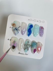 Hand-painted Happy Underwater World White Advanced Long Manicure (Option: Almond-XS)