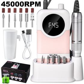 Electric Nail Drill Professional Kit - 45000RPM Portable Nail File Electric E File With 6 Bits & Base-LED Screen-Ultra-Silent, Rechargeable Nail (Option: Pink)
